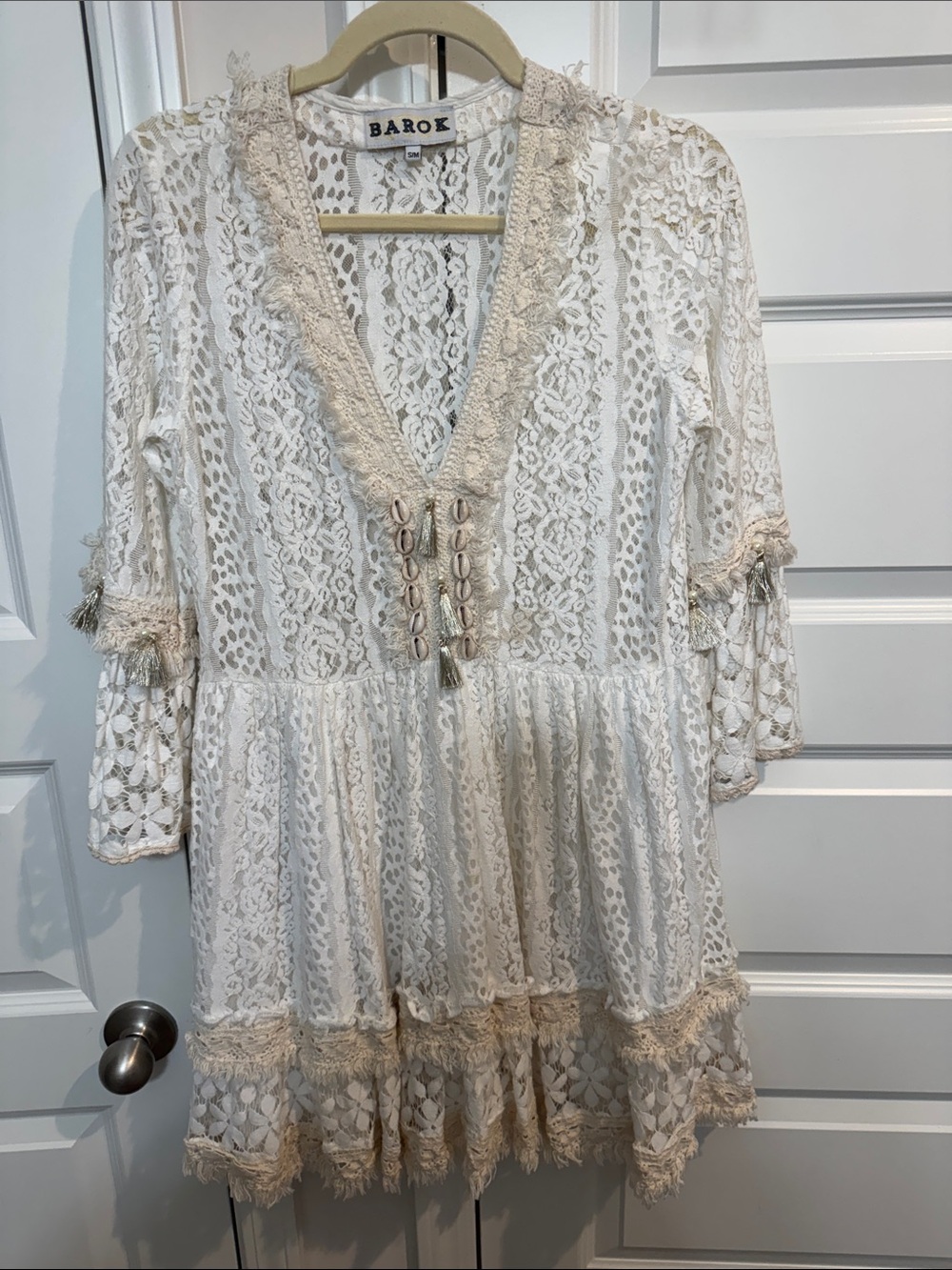 Barok White Lace Mini Dress with Tassel Detail